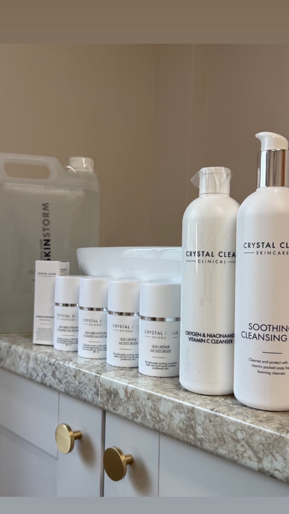 Crystal Clear skincare products displayed in the Revive clinic